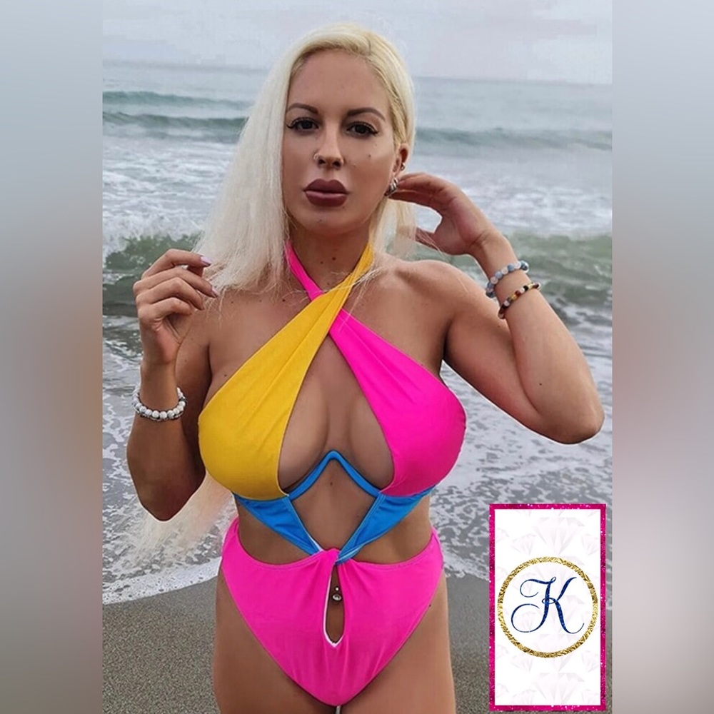 NWT Tropical Color-block One-piece Swimsuit, Underwire Bikini, Hot Pink Swimsuit